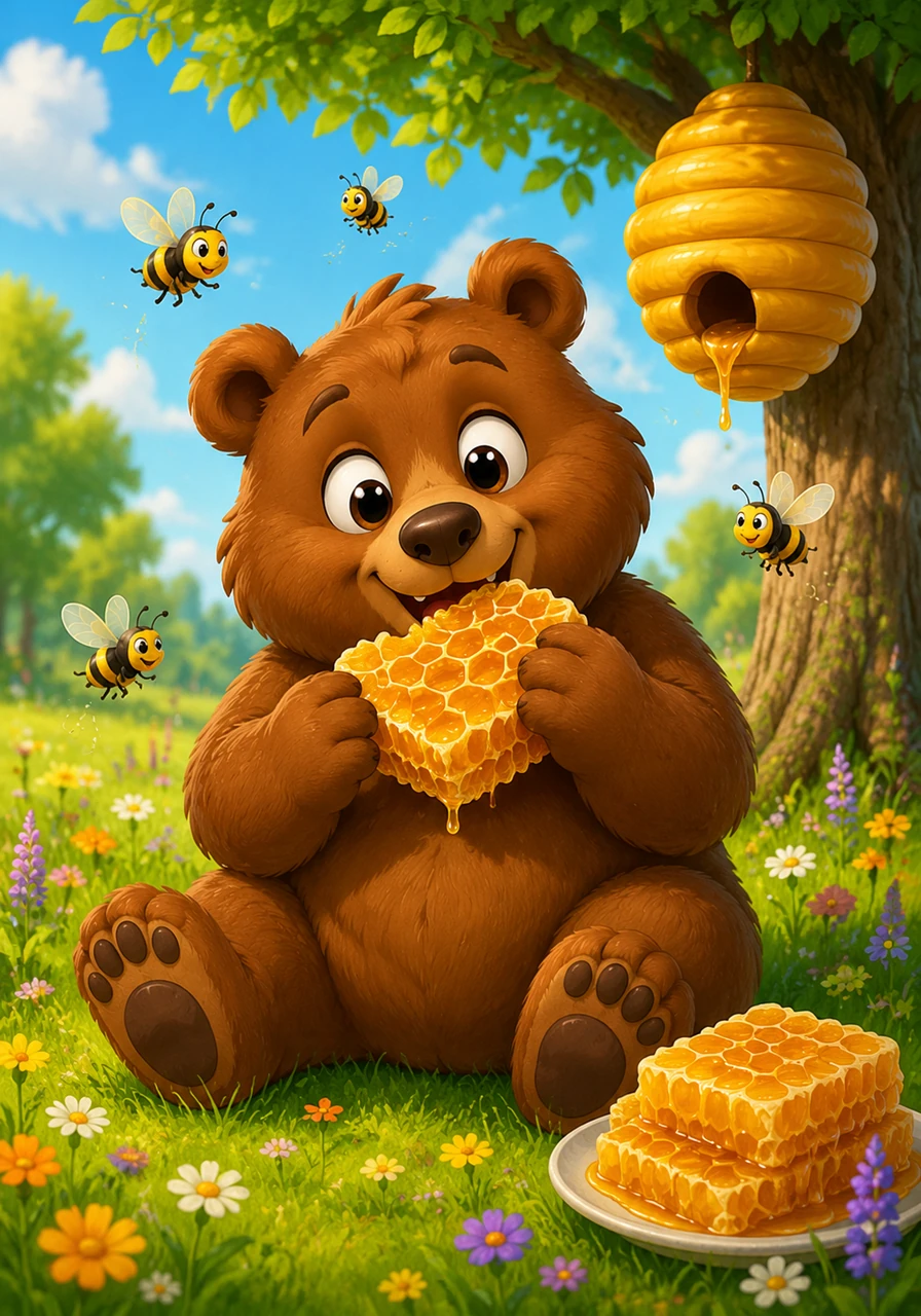 B is for Bear, eating honey cake. A fluffy brown bear sits in a sun-drenched meadow, happily munching on a golden honeycomb treat while friendly bees buzz around him in the warm light.