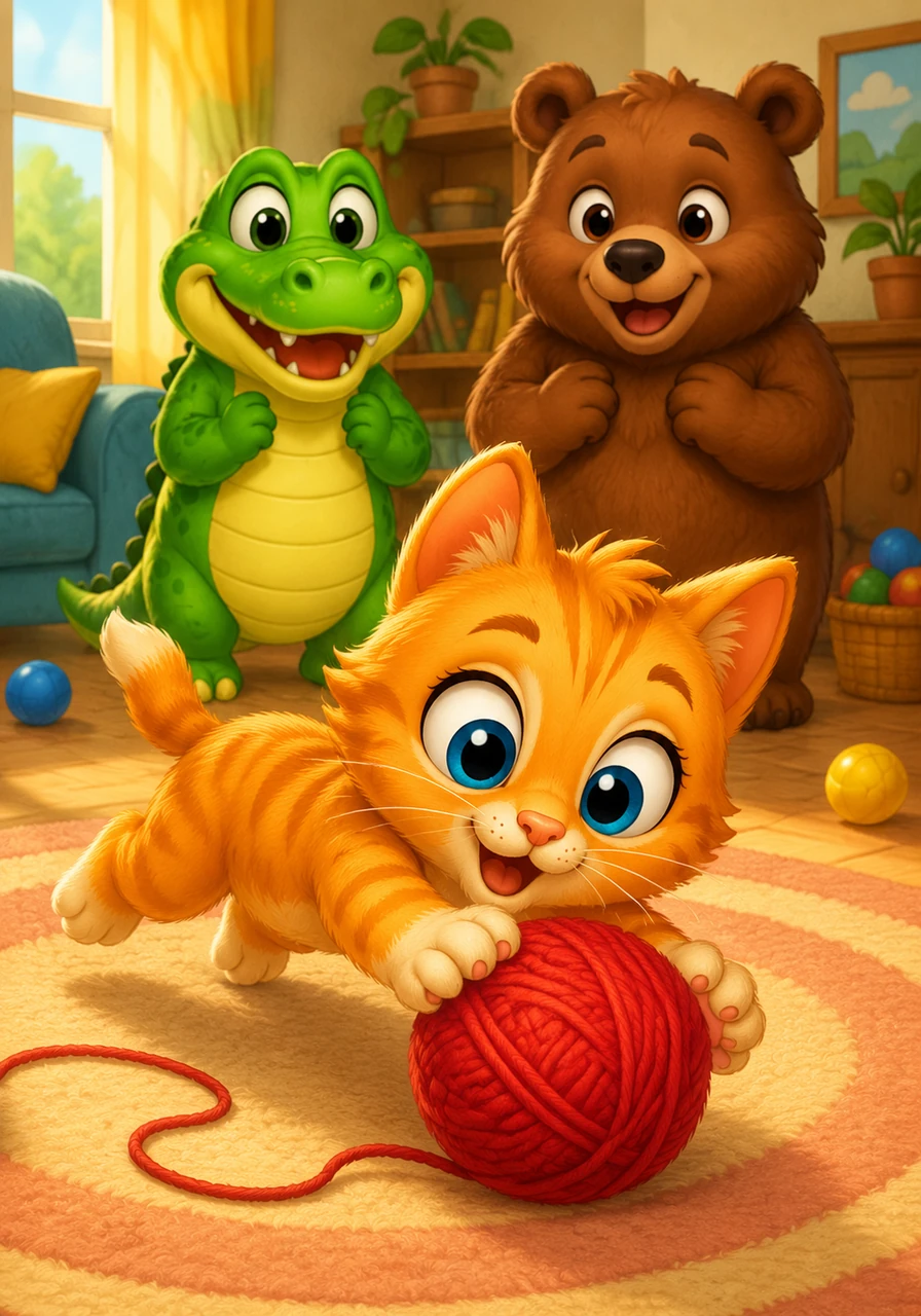 C is for Cat, playing with a ball. A tiny ginger kitten with enormous blue eyes and soft fur pounces on a bright red yarn ball inside a cozy, sunlit living room.