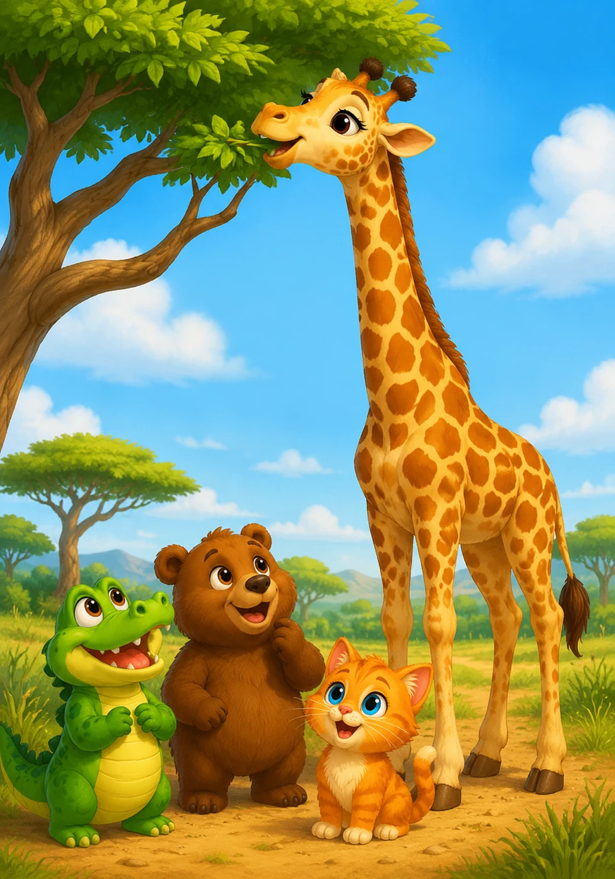 G is for Giraffe, standing very tall. A gentle giraffe with long eyelashes and a patterned coat reaches up to nibble on lush green leaves from the very top of a vibrant acacia tree.
