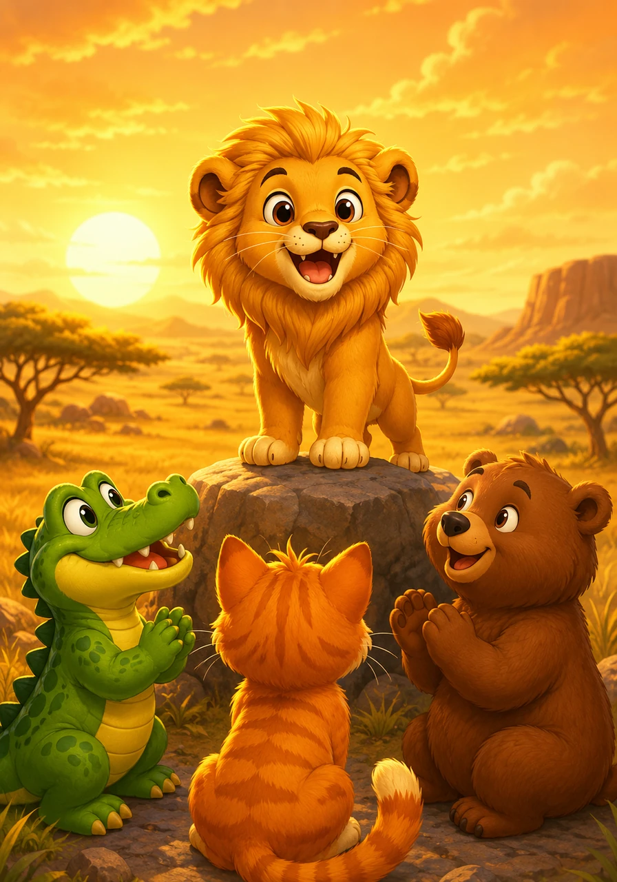 L is for Lion, with a golden mane. A brave little lion cub stands proudly on a smooth rock, his fluffy mane glowing under the golden African sun against a beautiful savanna backdrop.