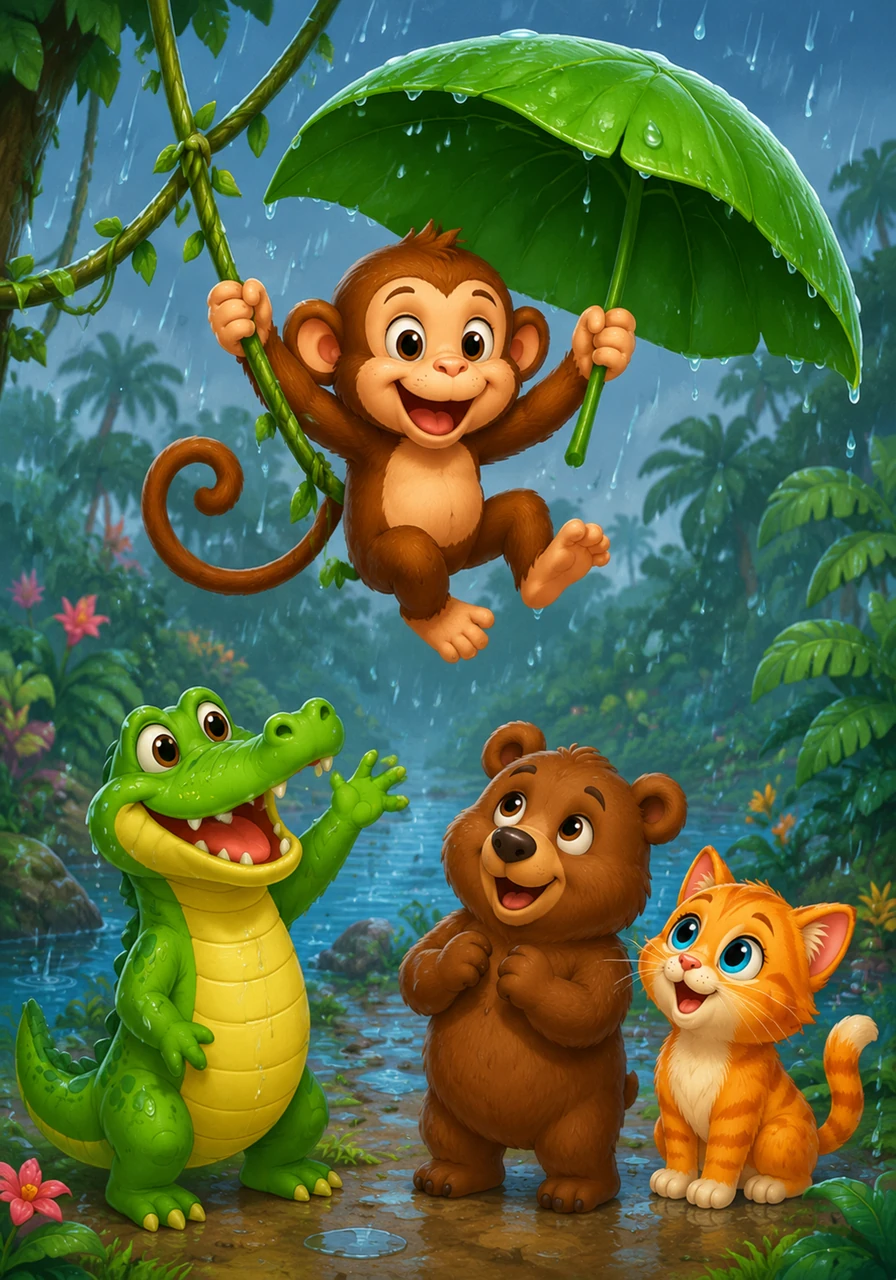 M is for Monkey, swinging in the rain. A cheeky monkey with a long tail swings gracefully from a tropical vine, holding a giant green leaf as an umbrella during a light, sparkling drizzle.