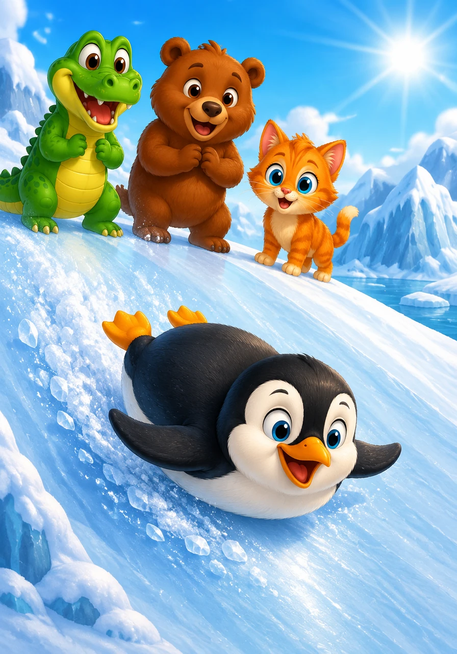 P is for Penguin, sliding on the ice. A round, tuxedo-clad penguin zips down a snowy mountain slope on his belly, leaving a trail of glittering frost behind him in the bright arctic sun.