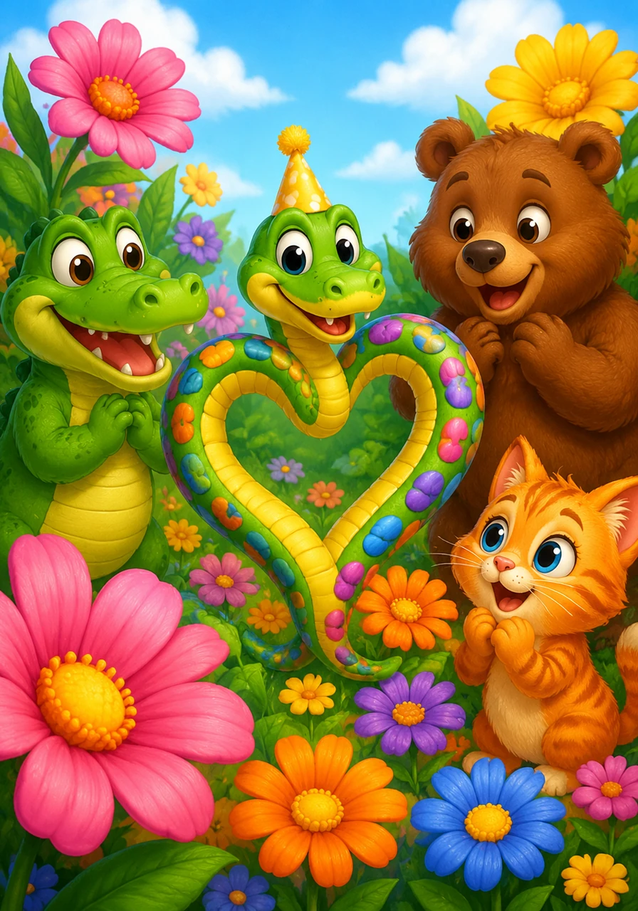 S is for Snake, being very nice. A colorful, friendly snake with a kind face wears a tiny yellow party hat and curls into a heart shape amidst a garden of oversized, bright flowers.
