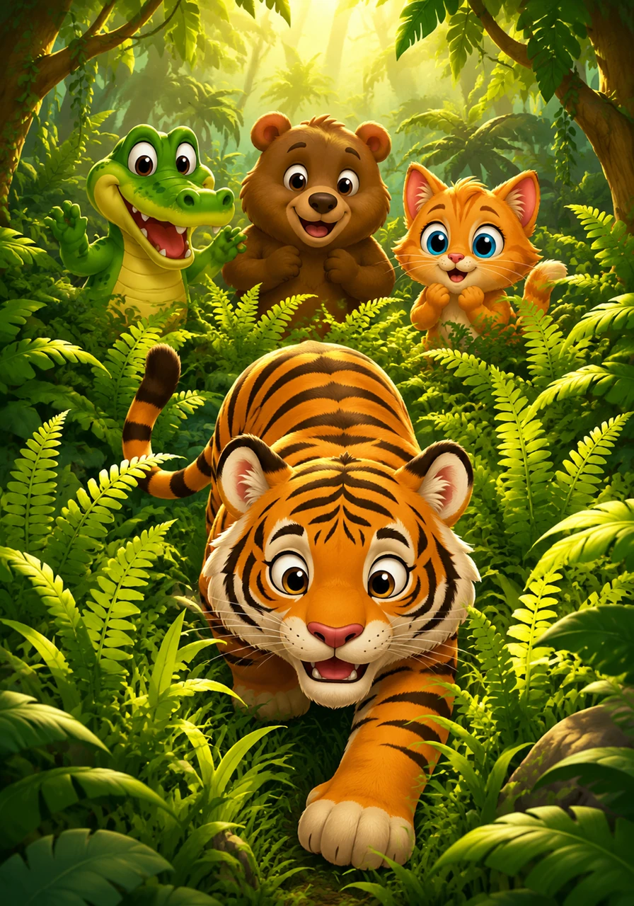 T is for Tiger, prowling through the grass. A majestic tiger with bold orange and black stripes creeps playfully through tall, glowing jungle ferns, his eyes wide with curiosity and excitement.