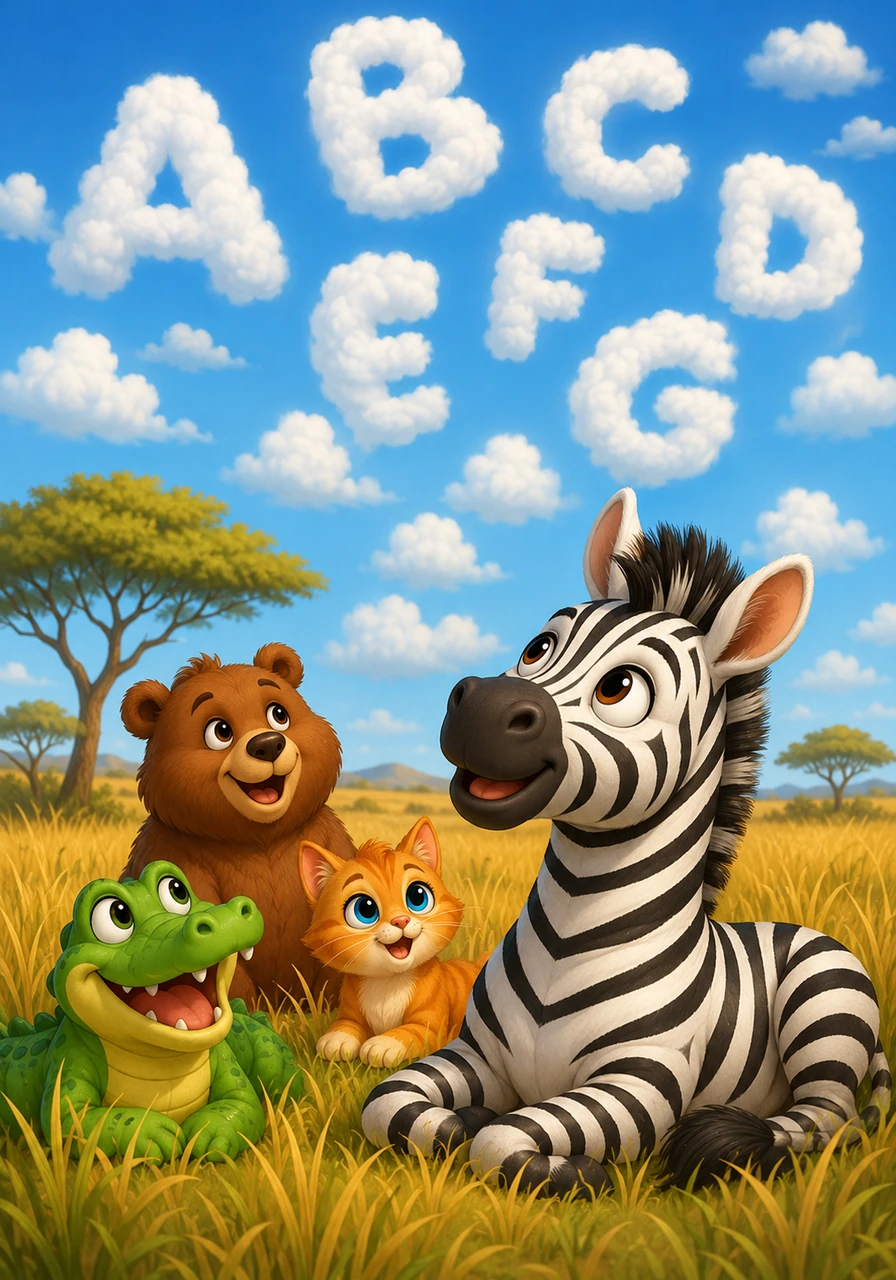 Z is for Zebra, watching clouds pass. A striped zebra rests peacefully in the tall grass of the savanna, looking up at fluffy white clouds that are shaped like different letters of the alphabet.