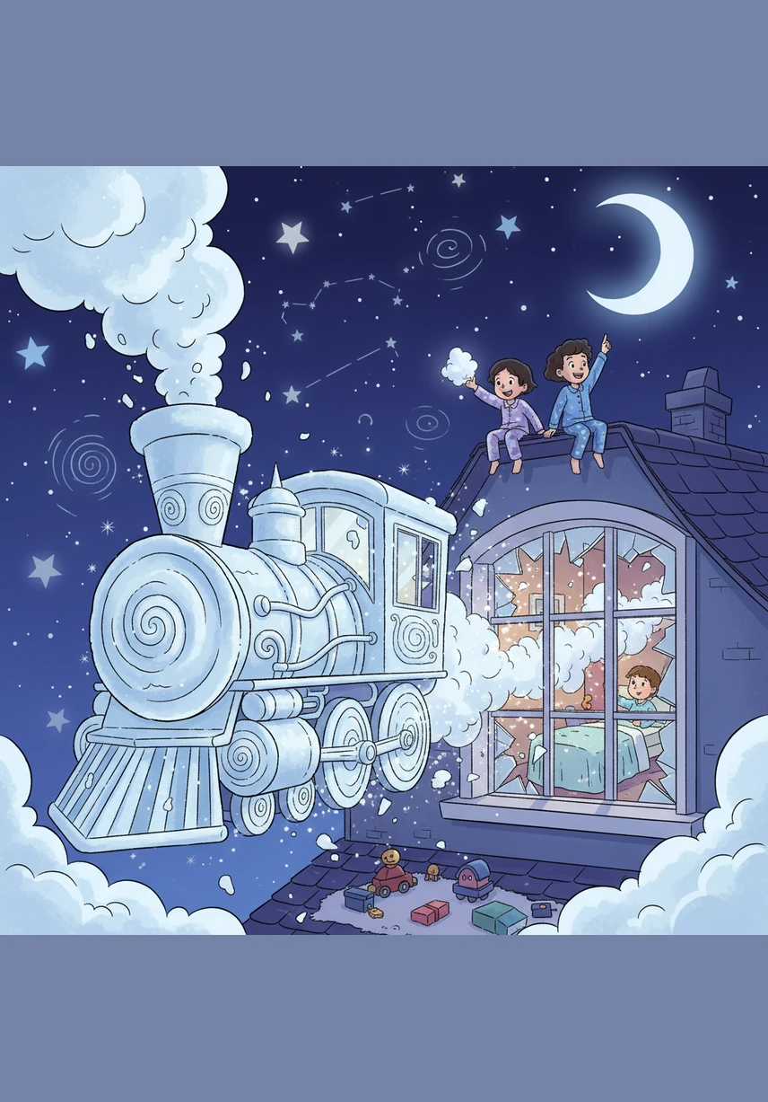 With a powerful, echoing whistle, the Cotton Locomotive surged forward and glided right through the window. The glass didn't break but rippled like a calm pond as the train soared out into the cool night air.