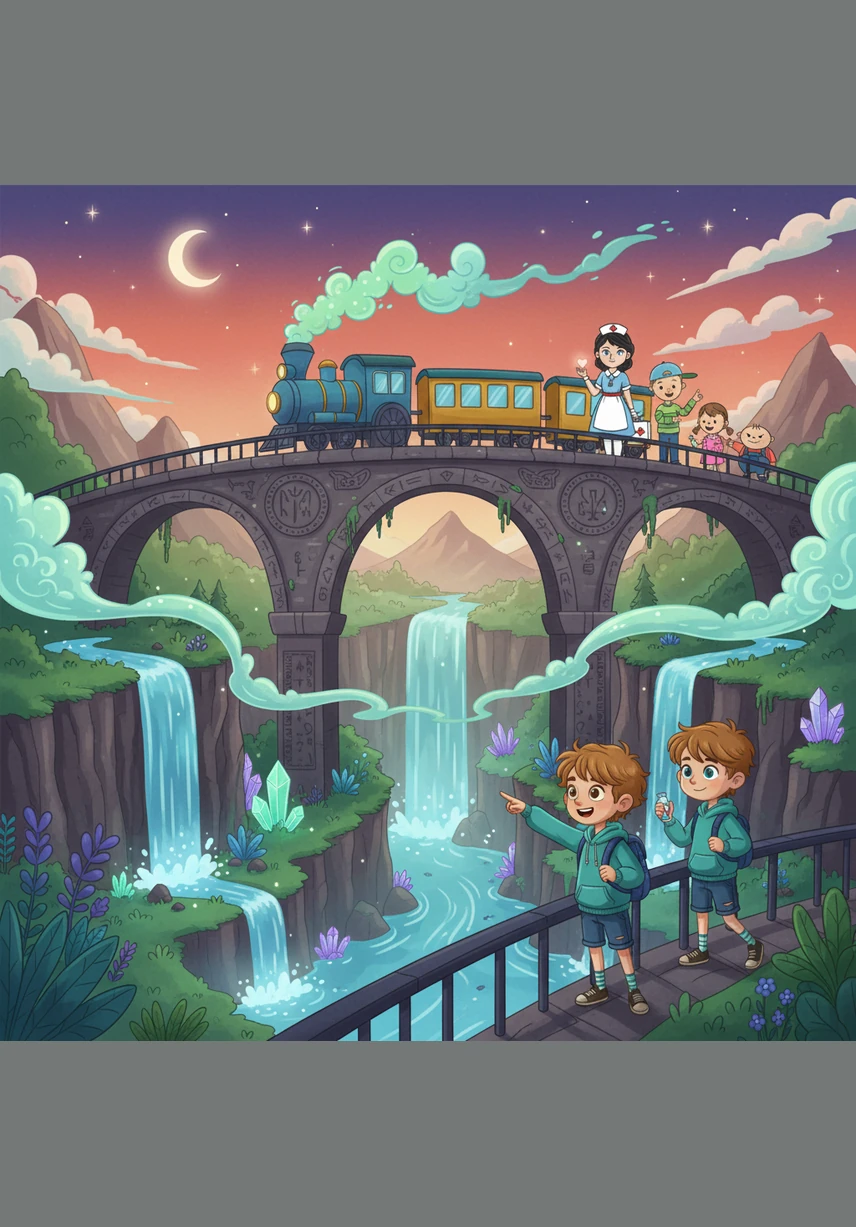 The train sped over the deep Canyon of Medicine, where rivers of bright red syrup flowed between cliffs of sparkling crystals. Waterfalls of colorful pills cascaded down the rocks, shimmering with the promise of strength and healing.