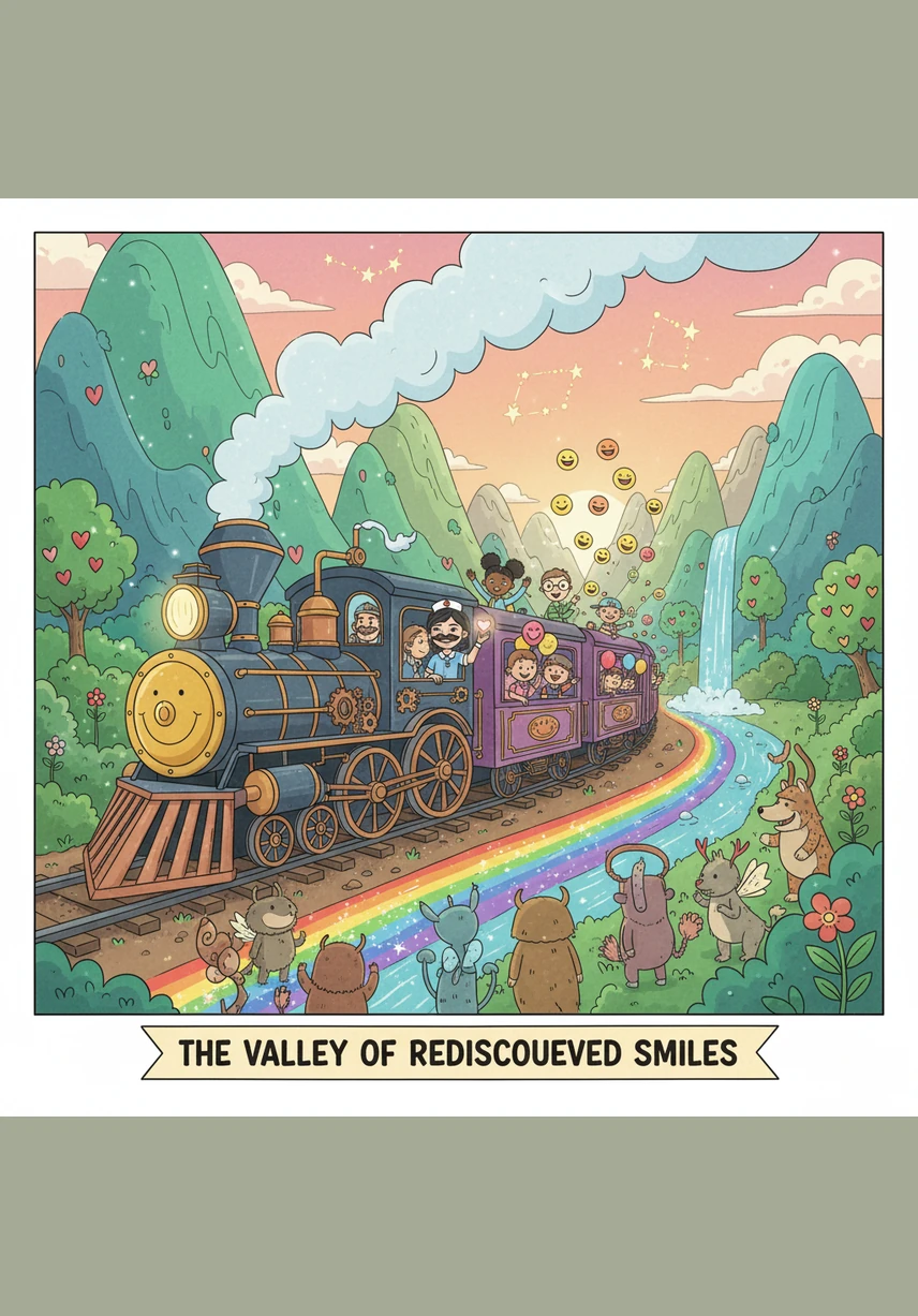 Soon, the locomotive slowed down as it reached the Valley of Rediscovered Smiles, a land where the ground was made of soft moss and the air smelled like summer. A station made entirely of pink cotton candy waited for them at the end of the tracks.