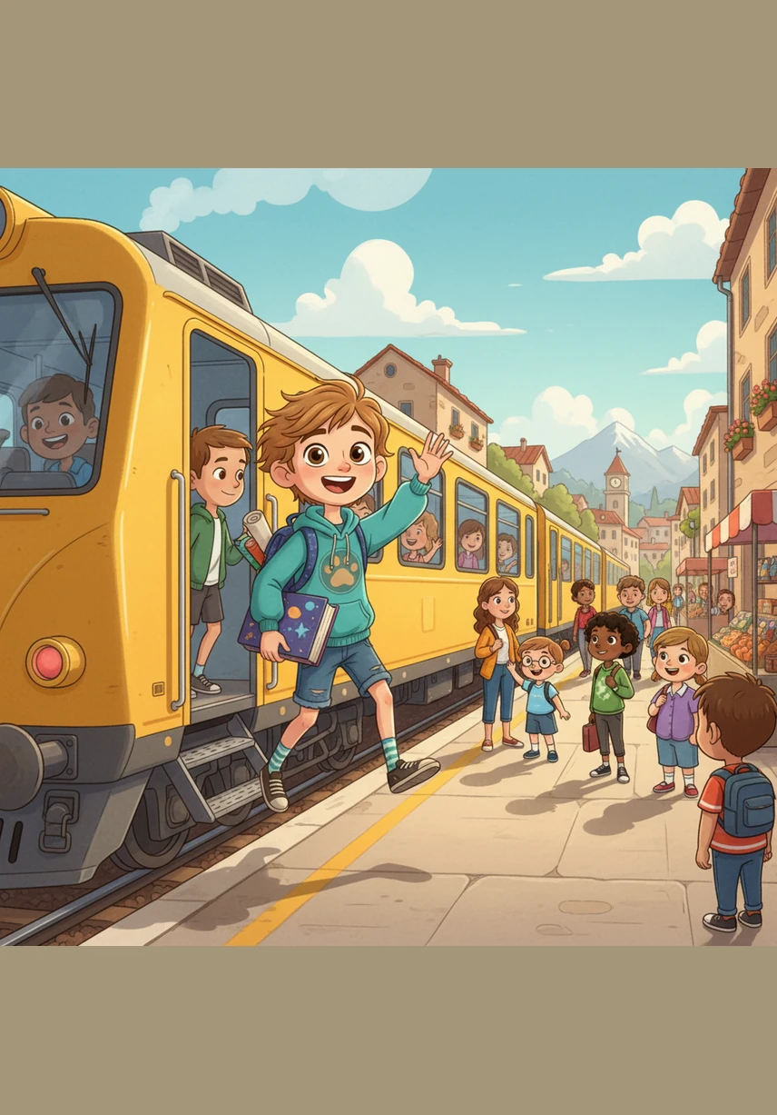 Leo stepped off the train, feeling his legs grow light as feathers as he ran to meet his friends. They spent what felt like forever chasing colorful kites and laughing under a sun that never seemed to set.