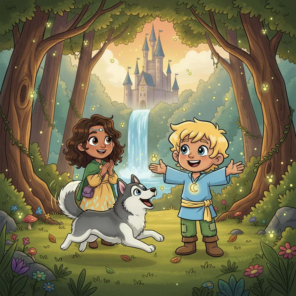 Soft golden light filters through ancient trees in a magical forest, where fireflies twinkle like tiny stars. A majestic castle stands proudly near a shimmering waterfall in the distance. Here live Athos, a curious boy, and his joyful little sister Lia, always accompanied by their loyal Siberian Husky, Juego, who barks happily and playfully circles around them.