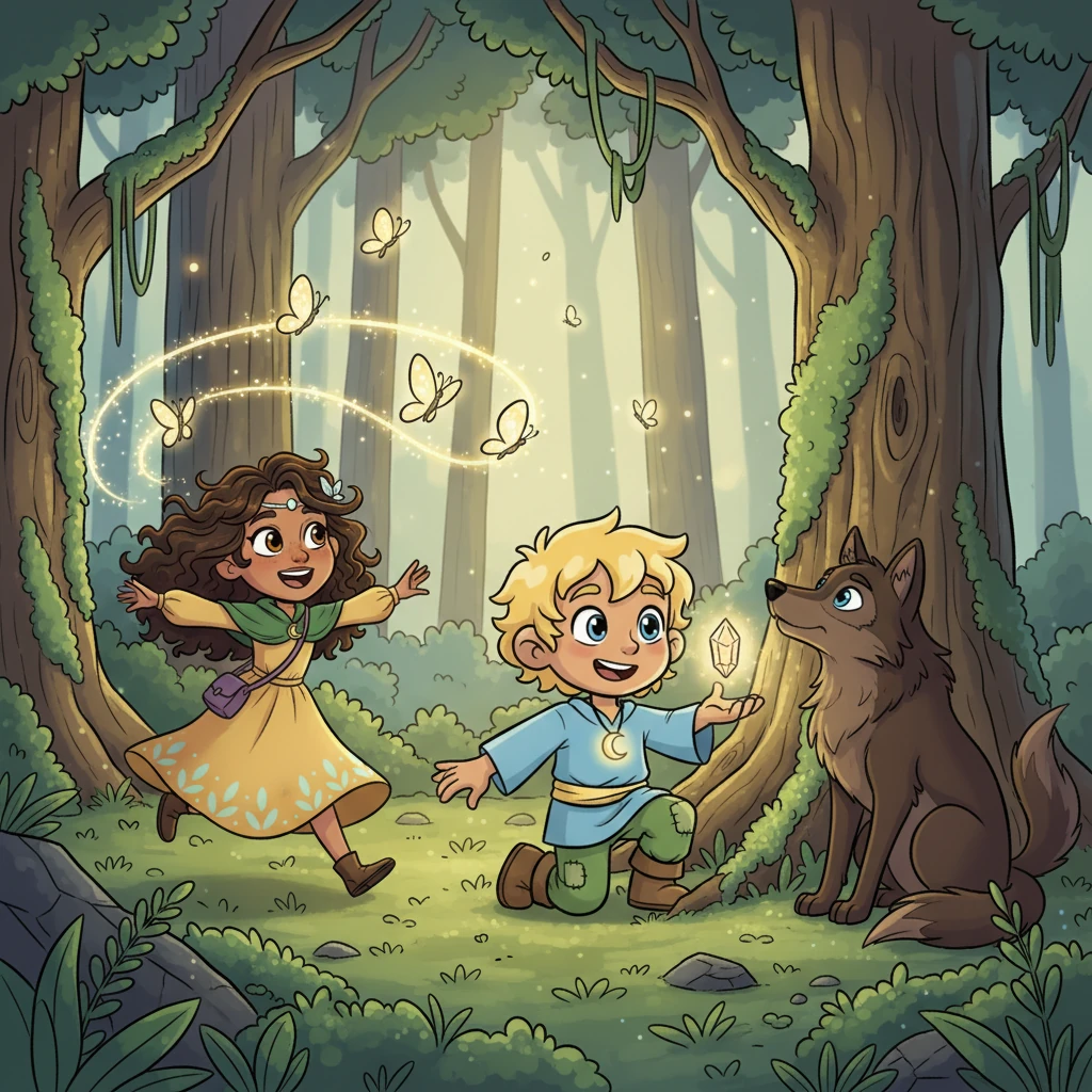 Lia giggles as she chases glowing butterflies, their wings leaving trails of light in the air. Meanwhile, Athos kneels under a mossy tree, his eyes wide as he discovers a tiny, pulsating crystal. Suddenly, the crystal gently floats upwards, casting an ethereal glow that makes the entire forest shimmer brighter. Juego tilts his head, letting out a soft, curious howl.