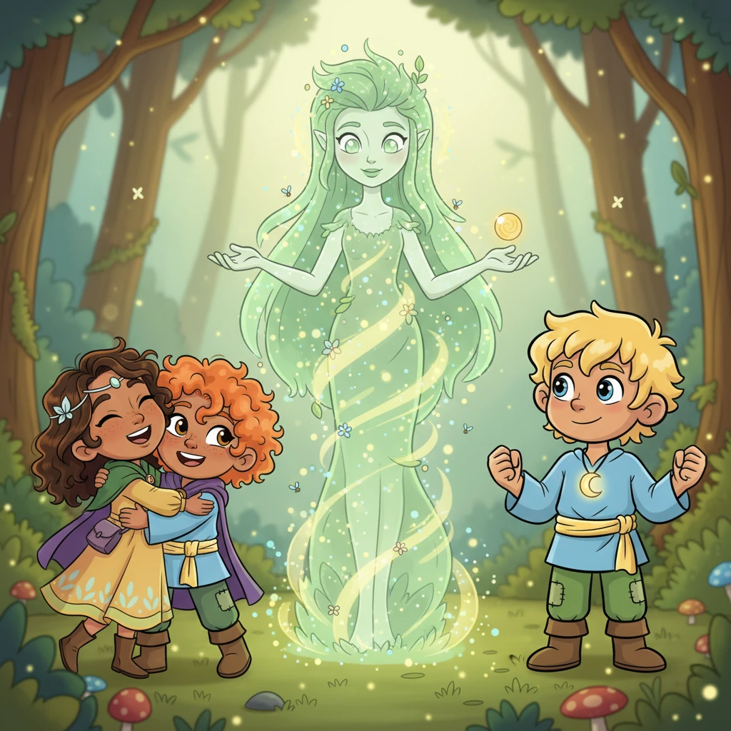 A soft, shimmering fairy-like light coalesces before them, revealing a gentle Forest Spirit. With a kind voice, the Spirit explains that the Heart of the Forest is dimming, and only laughter, courage, and kindness can restore its light. Lia immediately giggles and hugs Juego tightly, while Athos stands tall and bravely declares their willingness to help.