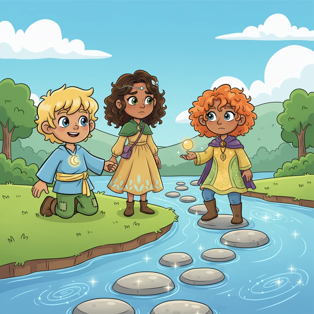 Their path is suddenly blocked by a wide, shimmering river, its waters softly whispering doubts like "You're too small..." and "You can't do this...". Lia looks worried, but Athos kneels beside her, reassuring her with a smile, "We're a team, you, me, and Juego!". Juego confidently steps onto a line of smooth, glistening stones, showing them the safe way across, and together, hand in hand, they bravely cross as the whispers fade behind them.