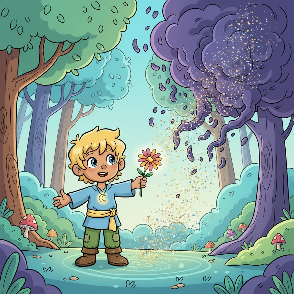 Deeper in the woods, a dark, swirling mist begins to form, not scary, but filled with a quiet loneliness. Little Lia, with her golden hair, bravely walks towards it, her small voice clear as she says, "It's okay. You can play with us." She gently offers a vibrant, freshly picked flower to the swirling mist. In an instant, the shadow transforms into a shower of sparkling, glowing particles, and the forest around them grows even brighter.