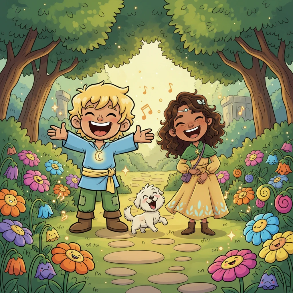 They stumble upon a hidden garden filled with peculiar, shy flowers whose petals droop sadly. Athos realizes the flowers are called Giggleblooms and need joy to bloom. Lia starts making silly faces, and Athos joins in with funny noises, making them both burst into peals of laughter. Juego barks playfully, adding to the joyous sound, and with each giggle, the Giggleblooms unfurl their petals in a riot of vibrant colors.