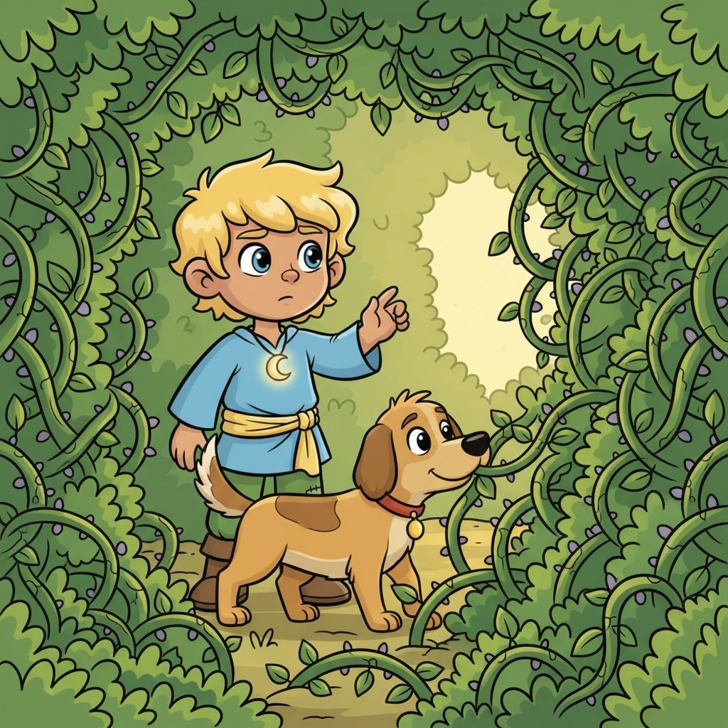 Their journey leads them to a dense thicket of intertwining, slightly prickly vines that form a confusing maze. The path seems impossible to find, testing their patience. Athos carefully observes the patterns, while Juego gently nudges aside some vines with his nose, helping to clear a narrow passage. With courage and teamwork, they slowly navigate through the tricky vines, emerging on the other side feeling proud and determined.