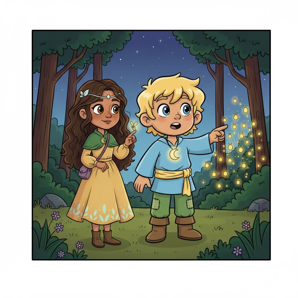 In a quiet clearing, they spot a tiny firefly flickering weakly, its light barely visible as it struggles to find its way. It appears to be lost and alone, separated from its family. Lia gently coaxes the little creature onto her finger, offering comfort with a soft touch. Athos points towards a distant cluster of shimmering lights, and together, they carefully guide the lost firefly back to its glowing family, watching it sparkle brightly once more.