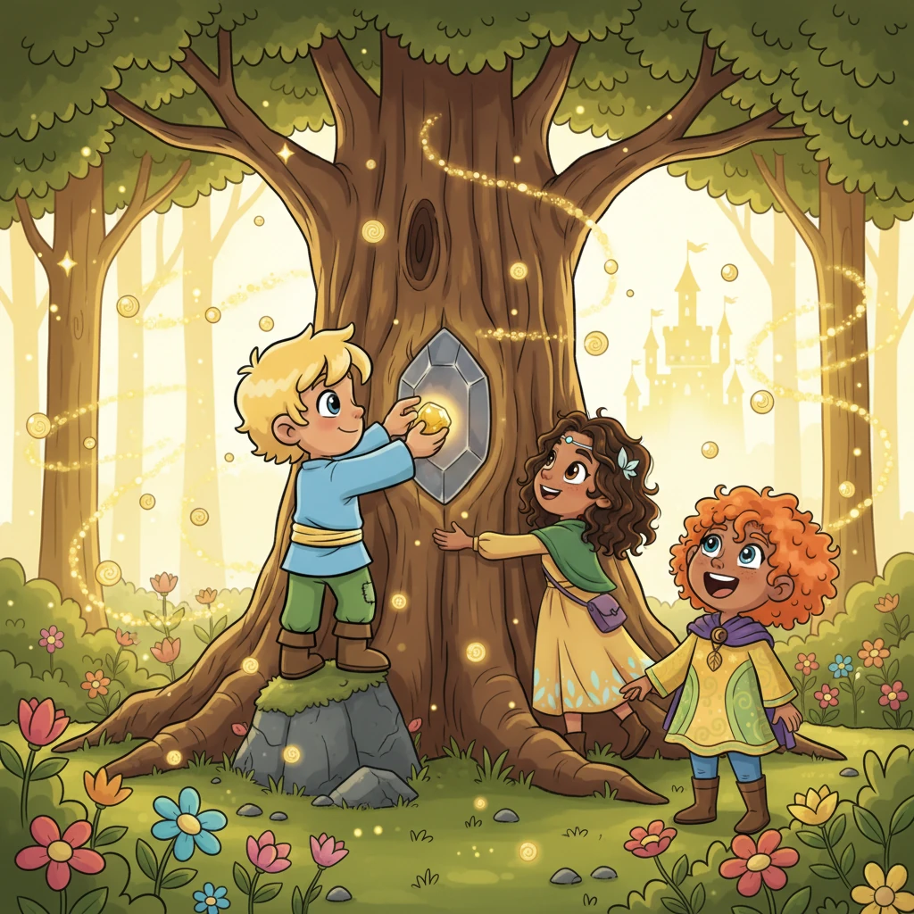 Finally, they arrive at the majestic ancient tree, its enormous trunk reaching for the sky, with a large, dim crystal at its very heart. Athos carefully places the small, glowing stone he found earlier into the center of the ancient tree's crystal. Lia wraps her arms around the massive trunk in a loving hug, and Juego lets out a mighty, proud howl. The entire forest instantaneously bursts into an overwhelming golden light, flowers bloom in every direction, and countless fireflies dance in celebration as the distant castle shines brilliantly.