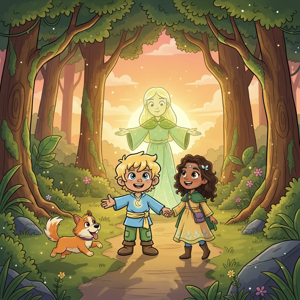 As the golden light bathes the rejuvenated forest, the gentle Forest Spirit appears once more before the children. "The greatest magic," the Spirit whispers with a warm smile, "is not in crystals or ancient trees, but it lives truly in brave, kind, and joyful hearts." Athos grins, Lia laughs with delight, and Juego jumps happily, wagging his tail. As the sun begins to set, casting long, peaceful shadows, the brave trio walks hand in hand, heading home, their hearts full of the forest's magic.