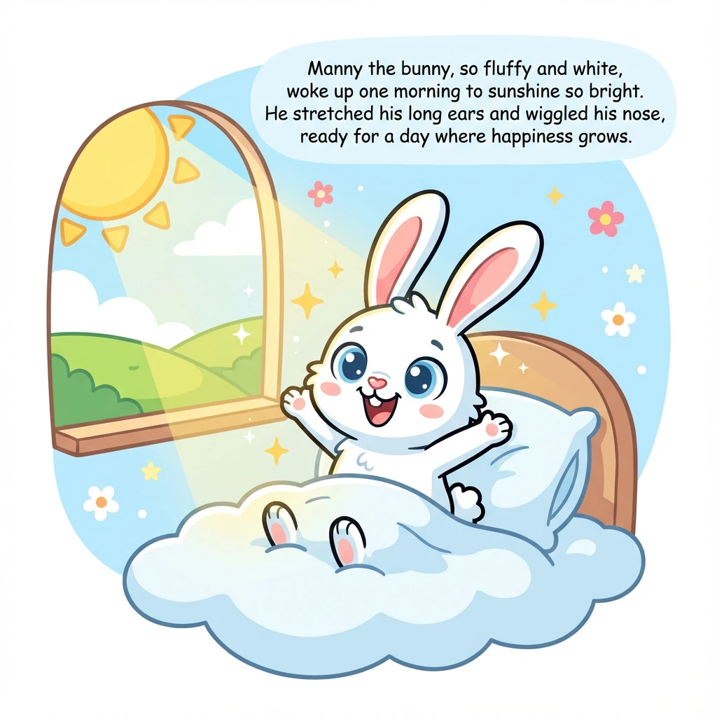 Manny the bunny, so fluffy and white, woke up one morning to sunshine so bright. He stretched his long ears and wiggled his nose, ready for a day wher