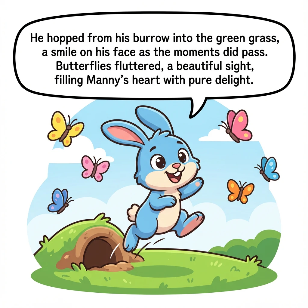 He hopped from his burrow into the green grass, a smile on his face as the moments did pass. Butterflies fluttered, a beautiful sight, filling Manny's