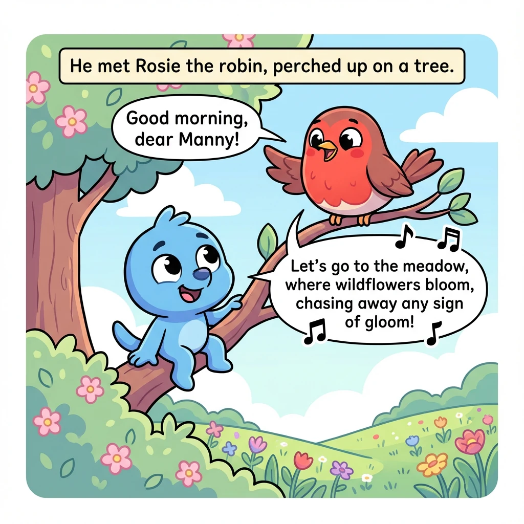 He met Rosie the robin, perched up on a tree, "Good morning, dear Manny!" she sang with glee. "Let's go to the meadow, where wildflowers bloom, chasin