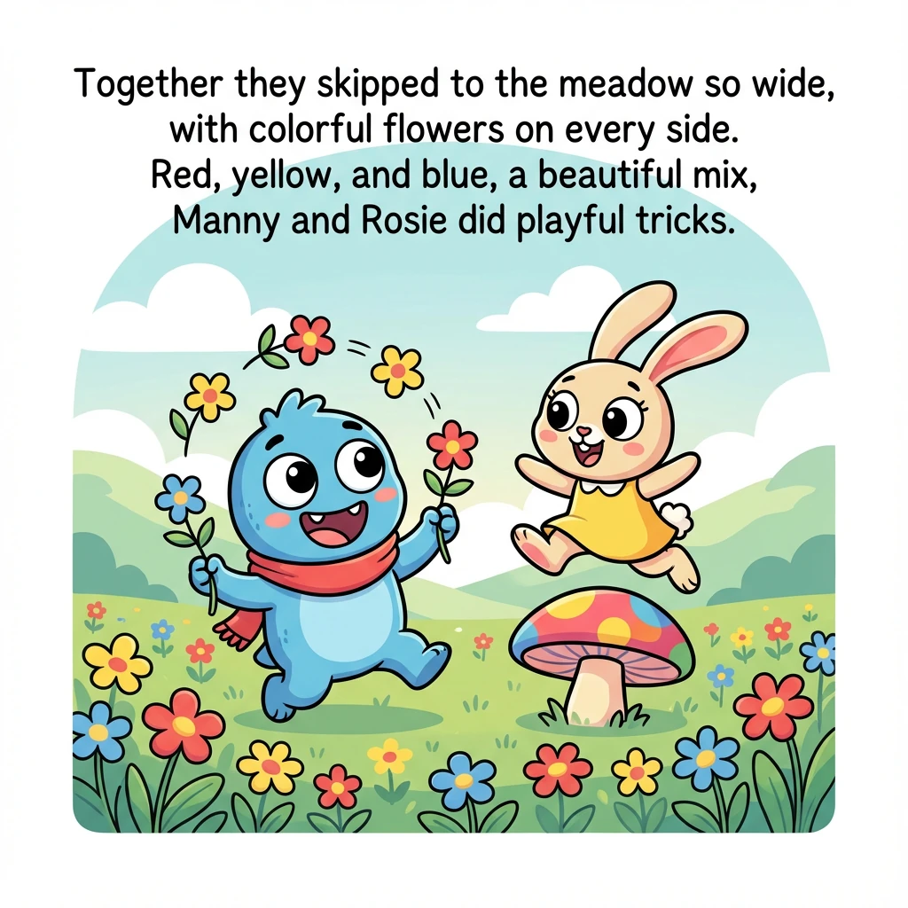 Together they skipped to the meadow so wide, with colorful flowers on every side. Red, yellow, and blue, a beautiful mix, Manny and Rosie did playful