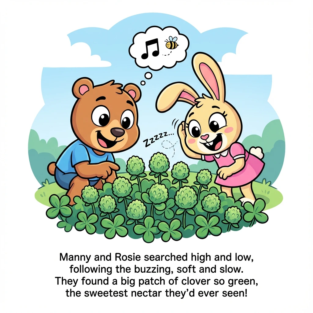Manny and Rosie searched high and low, following the buzzing, soft and slow. They found a big patch of clover so green, the sweetest nectar they'd eve
