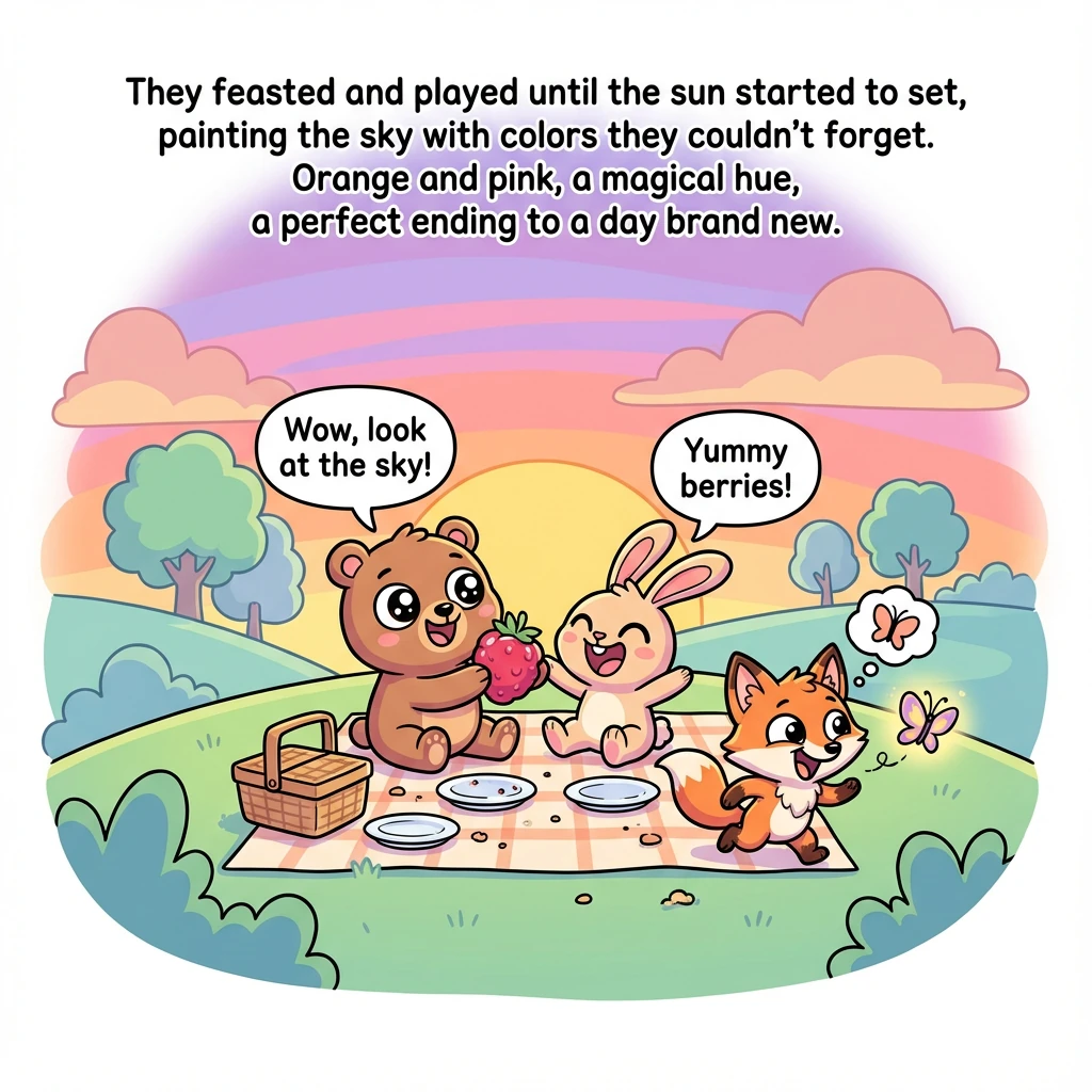 They feasted and played until the sun started to set, painting the sky with colors they couldn't forget. Orange and pink, a magical hue, a perfect end