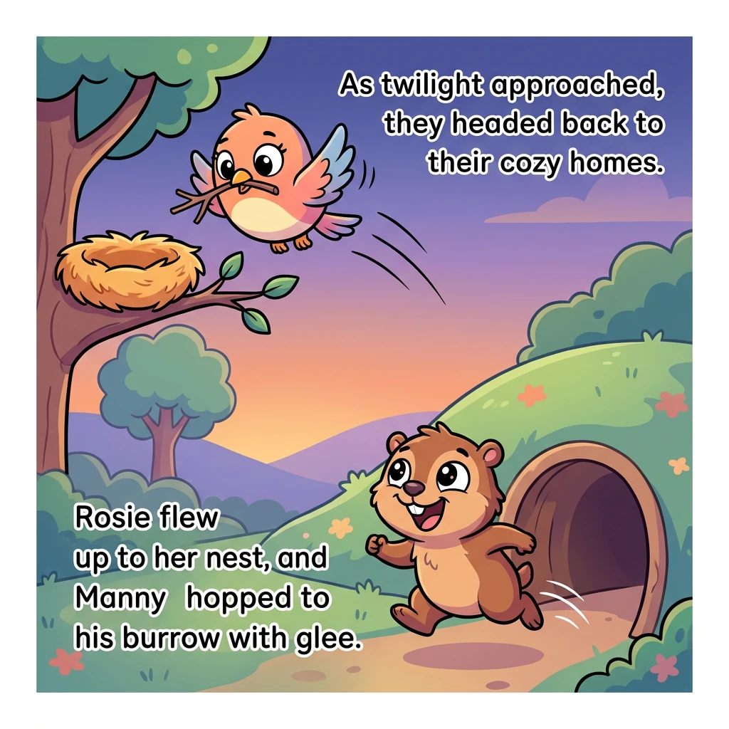As twilight approached, they started to roam, heading back to their cozy home. Rosie flew up to her nest in the tree, Manny hopped back to his burrow