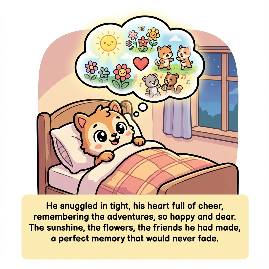 He snuggled in tight, his heart full of cheer, remembering the adventures, so happy and dear. The sunshine, the flowers, the friends he had made, a pe