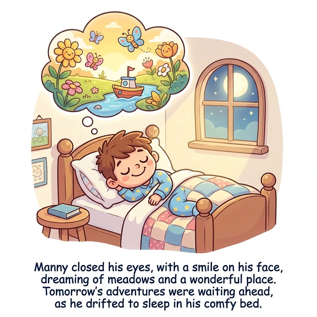 Manny closed his eyes, with a smile on his face, dreaming of meadows and a wonderful place. Tomorrow's adventures were waiting ahead, as he drifted to