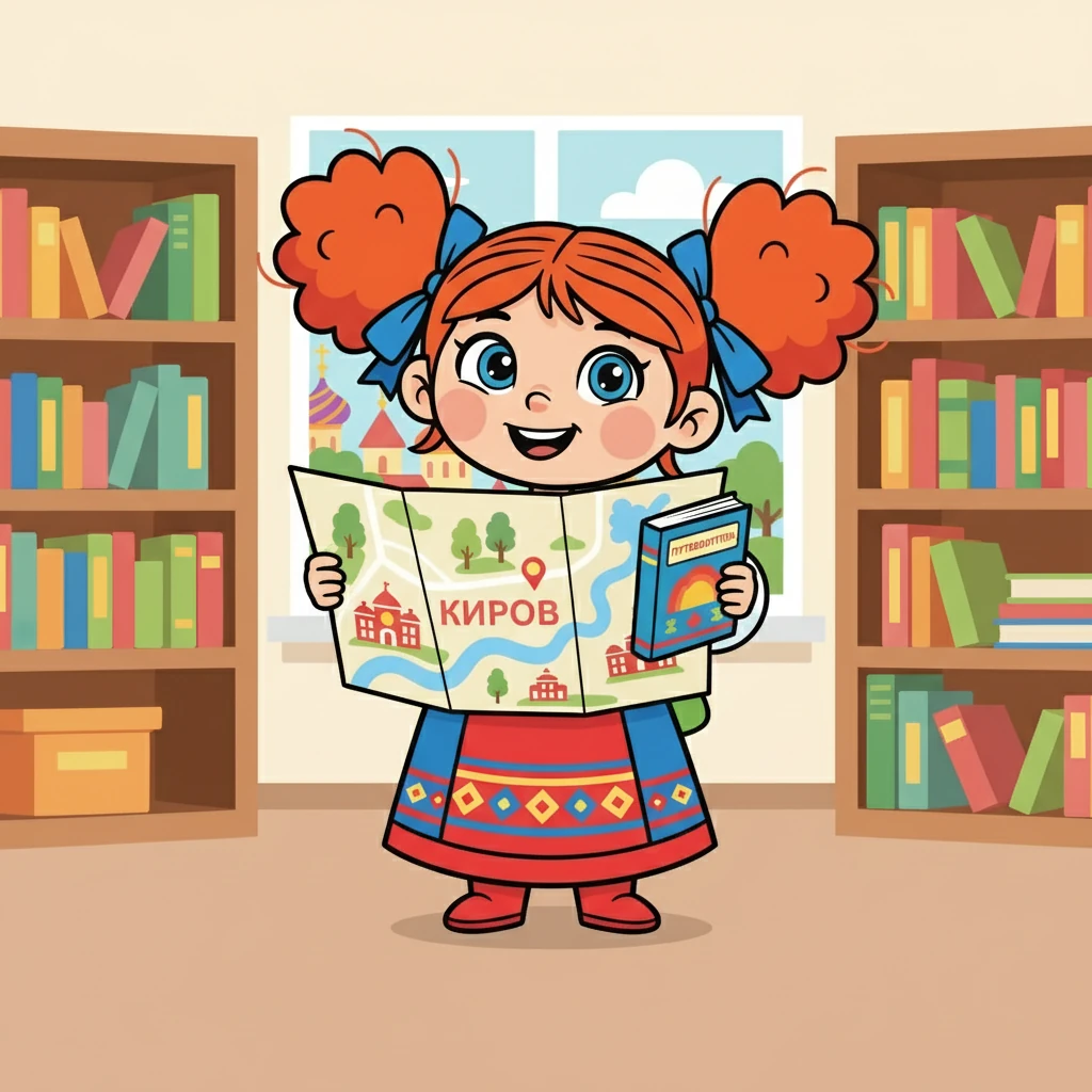Маша, любопытная девочка, стояла у карты Кирова. Она мечтала о приключениях и исследовании своего родного города. В руках у нее был яркий путеводитель, который обещала много интересного.