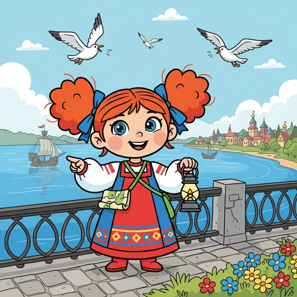 Далее Маша посетила набережную Грина. Она любовалась видом на реку Вятку и представляла, как когда-то здесь ходили корабли. Свежий ветер обдувал ее лицо, а чайки кричали над головой.