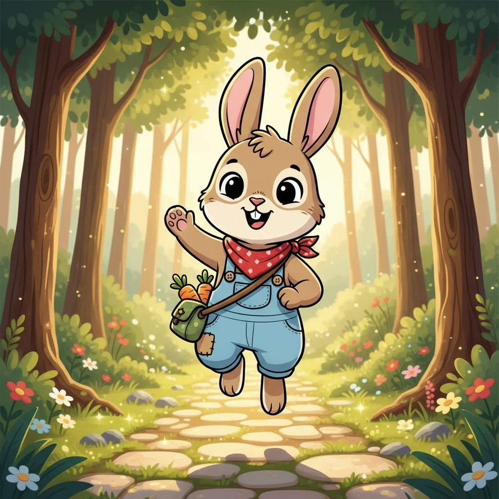 Ruby packed a small bag with carrots and berries, ready for her adventure. The forest path shimmered, inviting her forward. With a hop and a skip, she began her journey, her ears perked and her nose twitching with excitement.