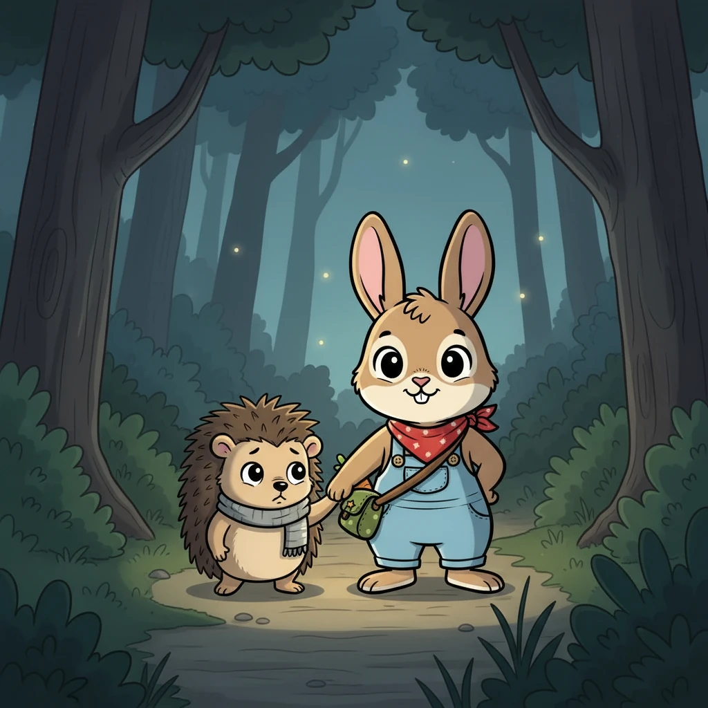 Next, she encountered Bobo the hedgehog, trembling in fear of the dark. Ruby held his paw, offering comfort. Together, they walked onward, Ruby's bravery easing Bobo's worries.