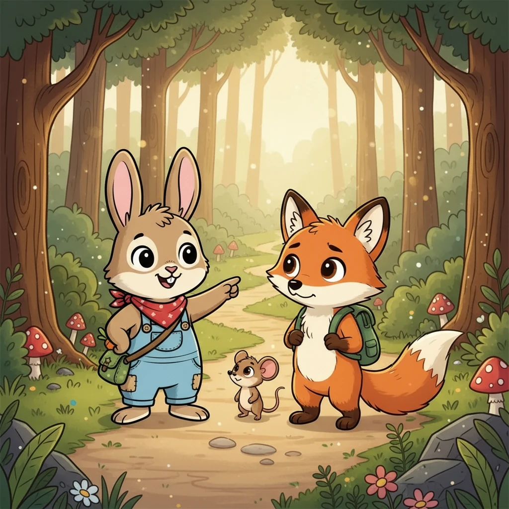 Then, they met Miko the fox, who had lost his way. Ruby, ever kind, suggested they search for his home together. The three friends, now united, continued their quest, their friendship growing stronger.