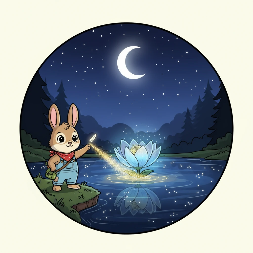 Finally, after many adventures, they reached the Moonlight Lake, shimmering with starlight. In the center, bloomed the Moonlight Flower, its petals glowing. Ruby reached out, and the feather glowed, creating a bridge to the flower.