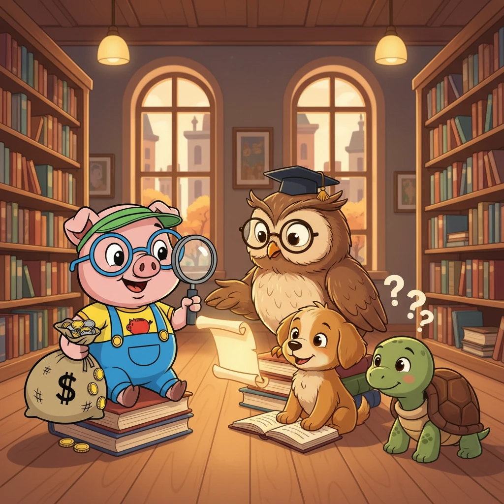 Poupança e seus amigos se reúnem na biblioteca da cidade. A Corujinha Juros Compostos, sábia e experiente, explica sobre o poder dos juros compostos. O Cãozinho Investidor, sempre ansioso para aprender, faz várias perguntas. A Tartaruga Tesouro Direto, calma e paciente, escuta atentamente.