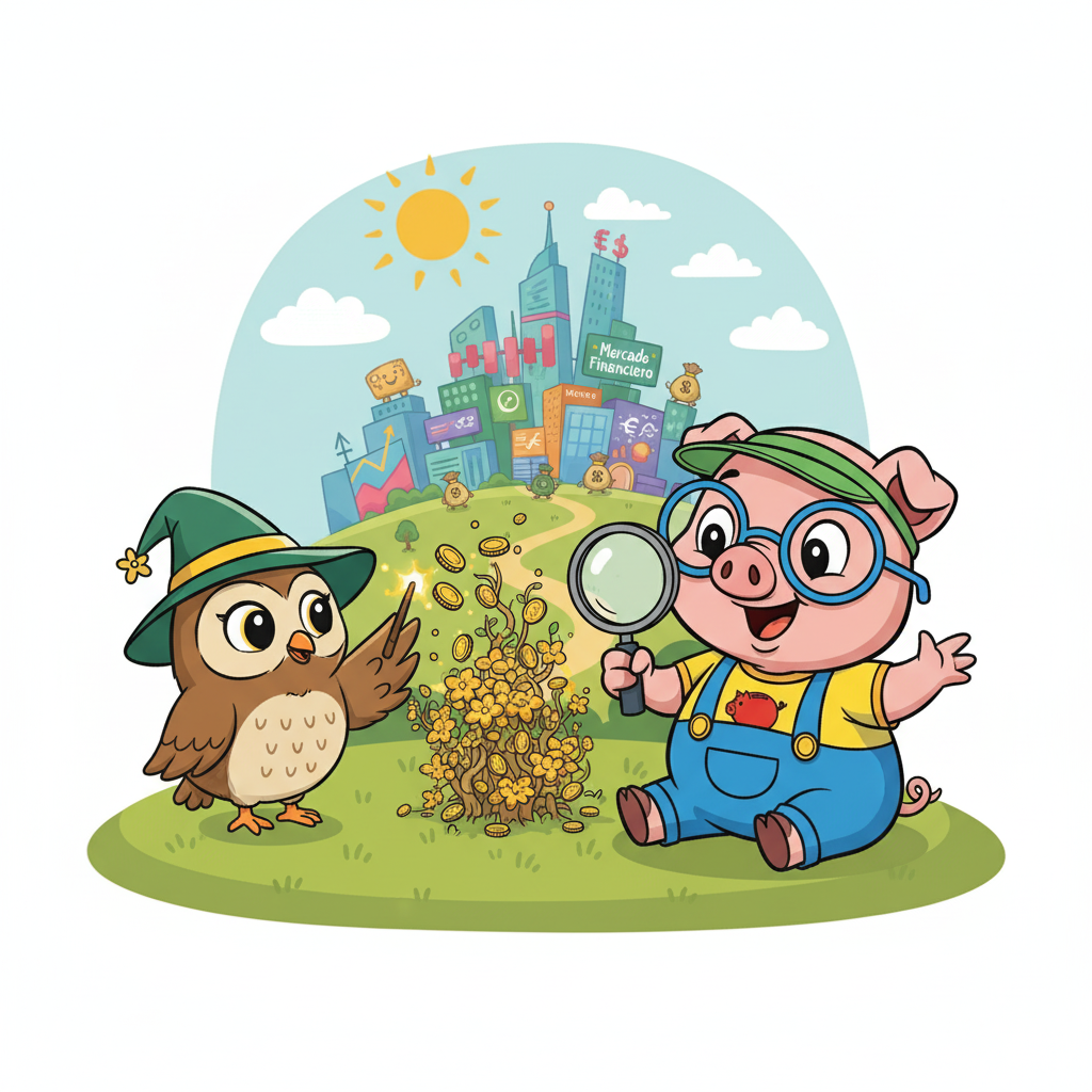 A Corujinha Juros Compostos mostra a Poupança uma mágica: um punhado de moedas, crescendo a cada dia, como uma floresta! Poupança fica maravilhado com a ideia de fazer o dinheiro trabalhar para ele. Eles decidem que é hora de visitar o Mercado Financeiro, um lugar cheio de novidades.