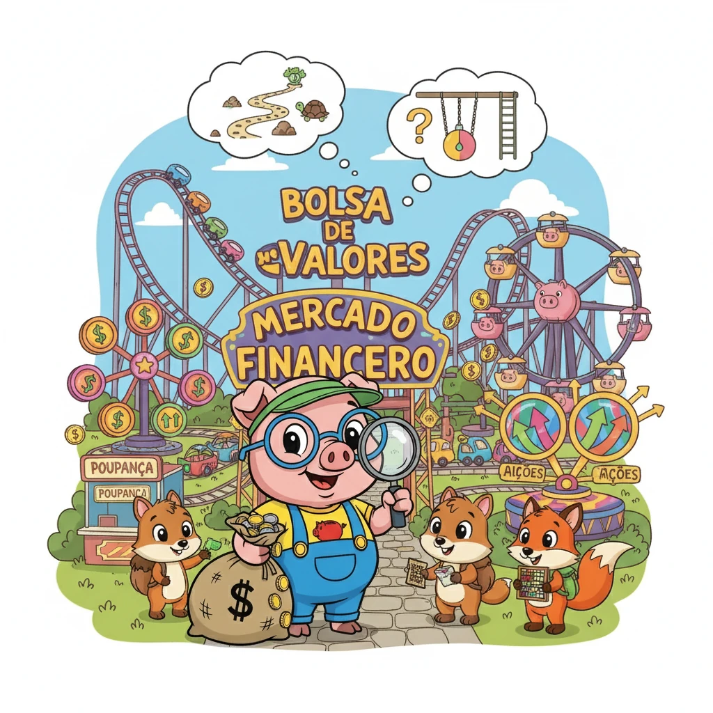 No Mercado Financeiro, Poupança e seus amigos se deparam com um parque de diversões incrível. Há montanhas-russas (a Bolsa de Valores), carrinhos (investimentos) e brinquedos chamados ações. Eles aprendem sobre como o risco e a paciência são importantes para fazer o dinheiro crescer.