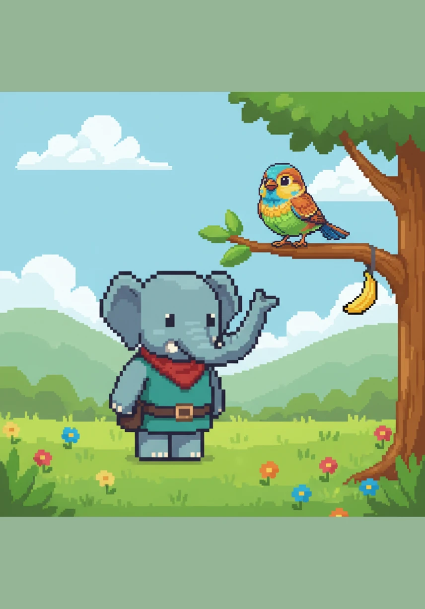 Elio the elephant stands in a lush meadow, looking up at the sky with wide, longing eyes. Above him, a flock of colorful birds swirls and dives through the bright blue air, their feathers catching the golden sun.
