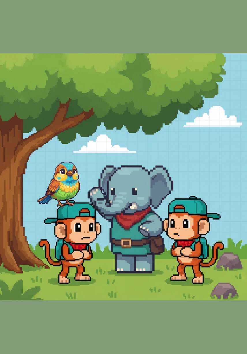 Elio tells his friends, Pip the sparrow and Milo the monkey, about his secret wish to touch the clouds. They listen intently, their faces filled with kindness and the spark of a new, creative idea to help their friend.