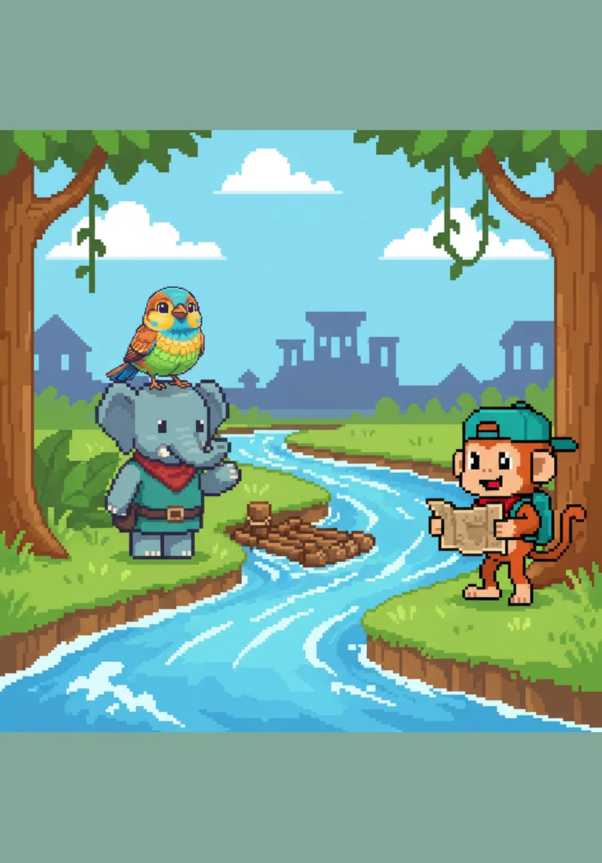 The trio begins collecting scraps of bright, textured paper and long, flexible vines from the edge of the forest. Every piece is a different shade of crimson, gold, and teal, shimmering like a treasure chest of colors.