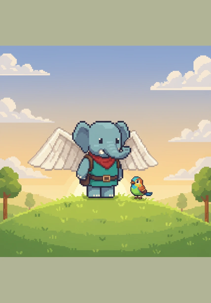 Elio stands atop a gentle, grassy hill, the paper wings strapped securely to his broad, grey shoulders. He looks majestic and hopeful, taking a deep breath as he prepares for his very first flight into the morning sky.