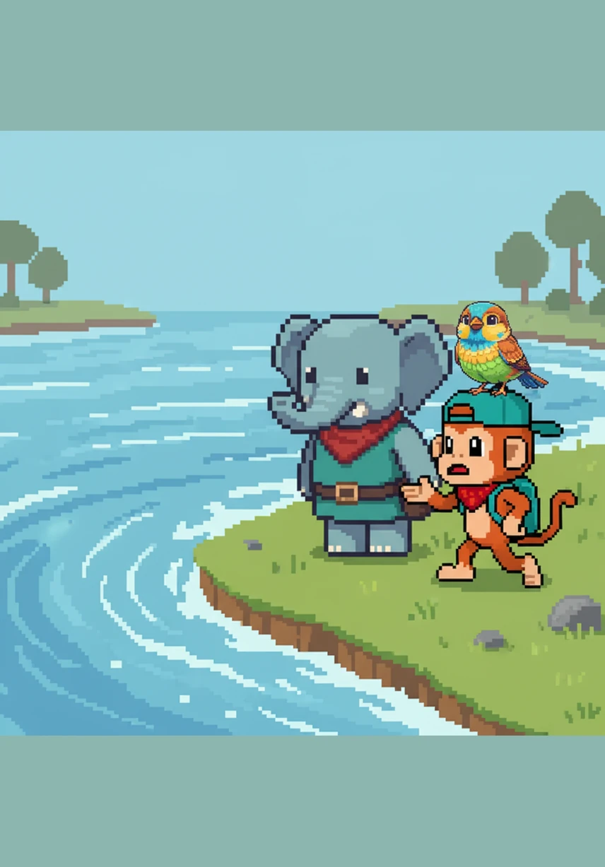 Feeling a bit discouraged, Elio walks with his friends until they reach the edge of a deep, rushing river. The water is far too fast for Milo to swim across and much too wide for Pip to carry his friends to the other side.