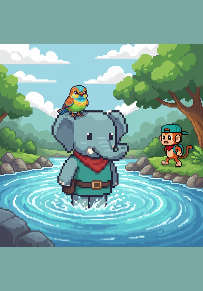 Elio looks at the swirling water and realizes he is much taller and stronger than the powerful current. He steps bravely into the river, his sturdy legs acting like solid pillars against the cold, moving tide.