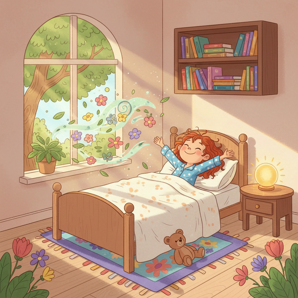 Sunny wakes up, sunlight streaming through her window, painting her room in golden hues. A gentle breeze whispers through the leaves outside, carrying the fresh scent of blooming flowers. She stretches, feeling the comforting warmth on her skin, a happy start to the day.