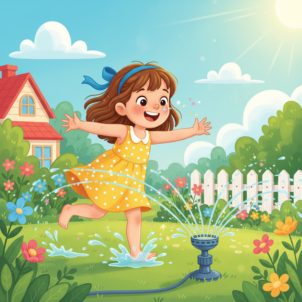 Outside, Sunny giggles as she dashes through the cool spray of a garden sprinkler. Rainbows dance in the water droplets, sparkling in the bright sunshine. The refreshing water tickles her nose and cools her toes, making her feel light and joyful.