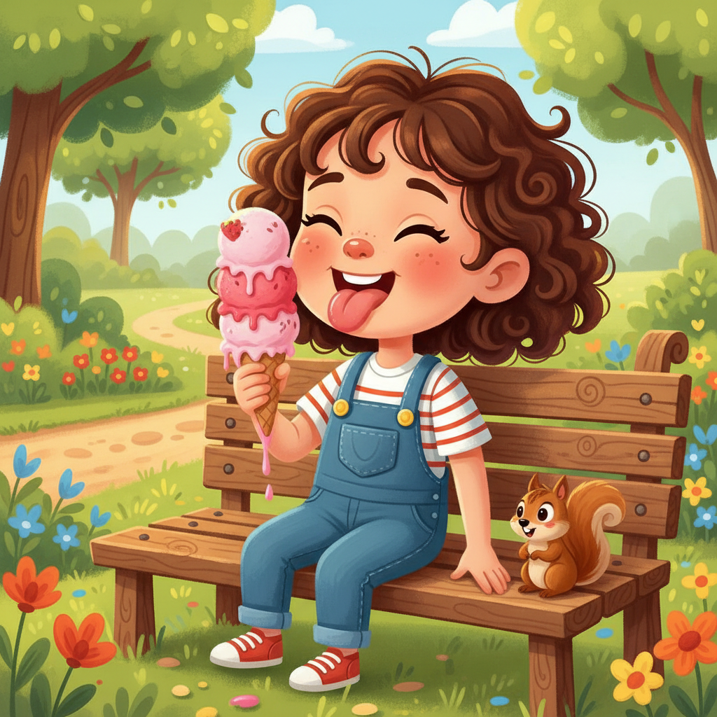 Later, Sunny sits happily on a park bench, savoring a big, melting strawberry ice cream cone. The sweet, cold treat drips down her fingers, a delightful, sticky mess. Each lick brings a burst of delicious flavor, a perfect taste of summer.
